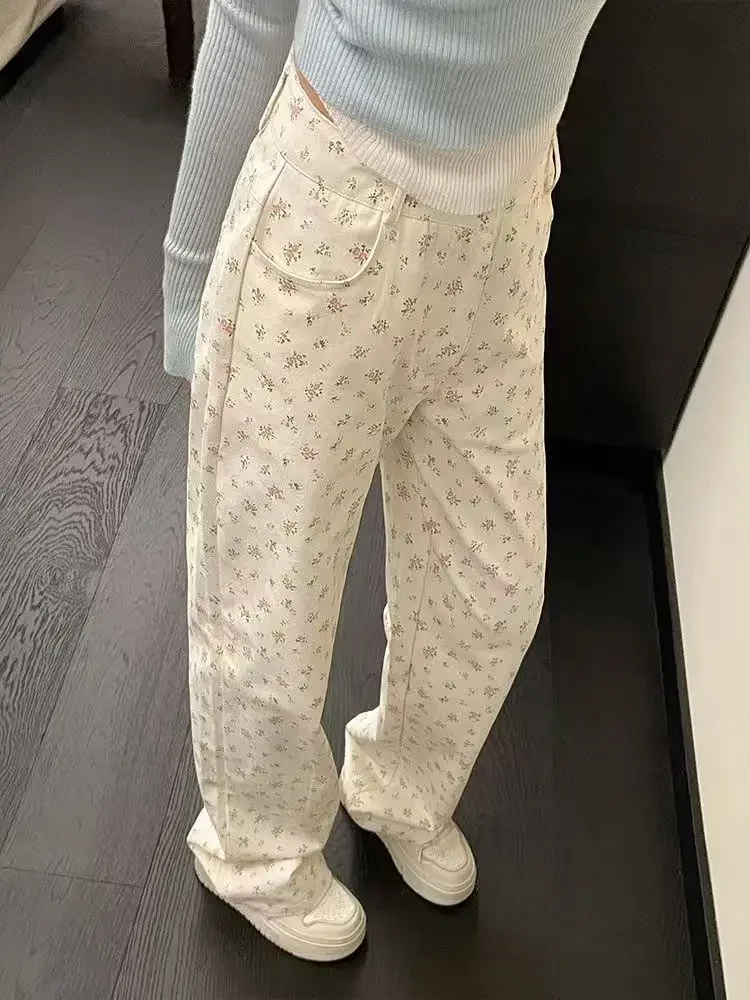 Gedruckt Floral Denim Hose Frauen Jeans Vintage Gerade Hosen Herbst Frühling Mode Weibliche Beiläufige Breite Bein Hosen