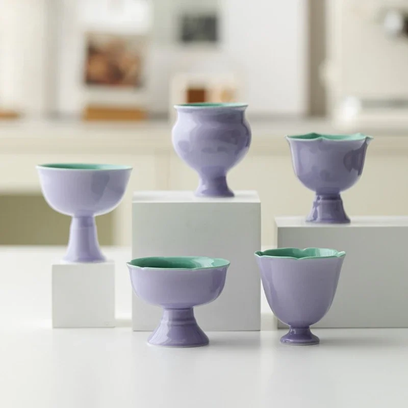 1Pc Hibiscus Purple Imitation Song High-foot Teacup Kung Fu Tea Set Household Ceramic Purple Turquoise Green TeaCup Master Cup
