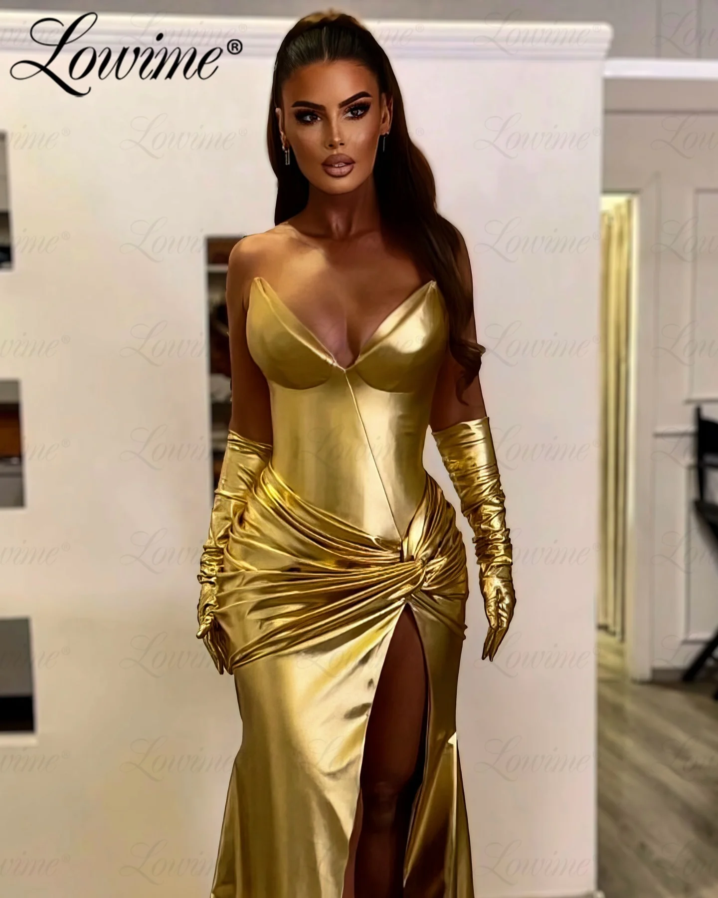 Robe De Soirée Modern Design Gold Evening Dresses With Gloves Mermaid Prom Dress Sweetheart Party Second Reception Birthday Gown