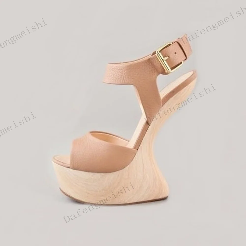 Nude Leather Open Toe Ankle Strap Sandals Wood Curved Wedge Platform Heels Strange Style Women Summer Casual Fashion High Heels