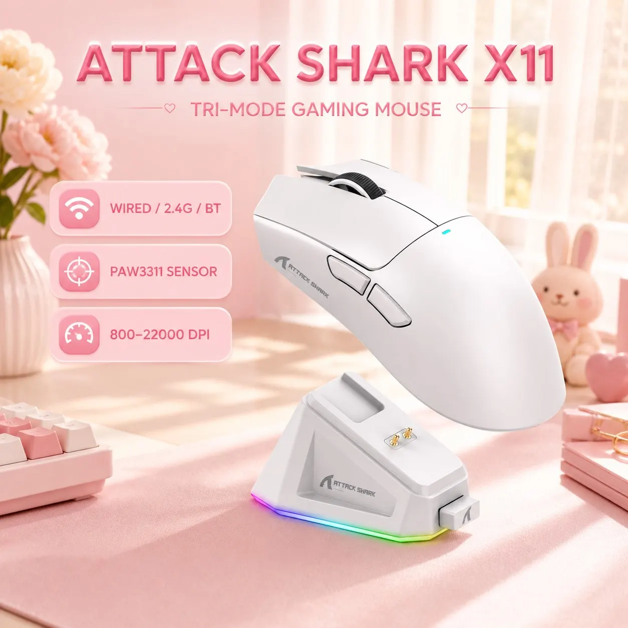 Mouse Gamer Sem Fio ATTACK SHARK X11 com Sensor PAW3311, 22000DPI, 3 Modos, Com Fio, 2.4G, BT, Mouse Recarregável de 280mAh