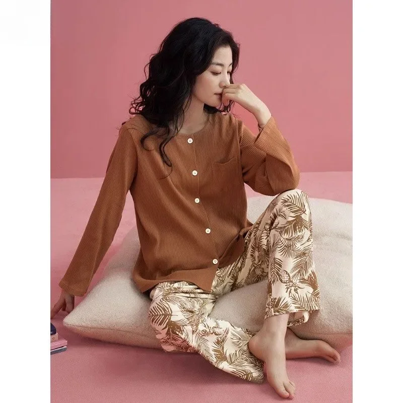 With Chest Cushion Women's Pajamas Set Spring and Fall New Korean Cardigan Long-sleeved Cotton Summer Style Homewear Sleepwear