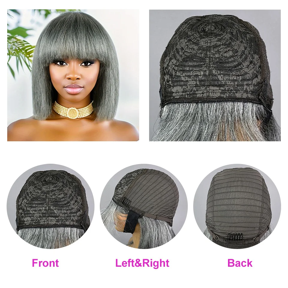 Mixed Gray Human Hair Wigs Full Machine Made Wigs For Woman Grey Pixie Cut Human Hair Wigs Pixie Cut Wigs With Bangs