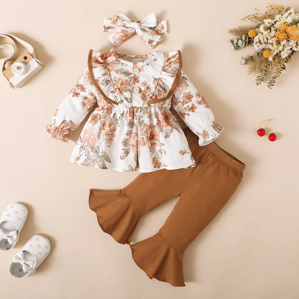 3-24 Months Long Sleeve Tops Floral Blouse Long Pants Outfit Toddler Infant Clothing Set Kids Wear Ootd For Newborn Baby Girl