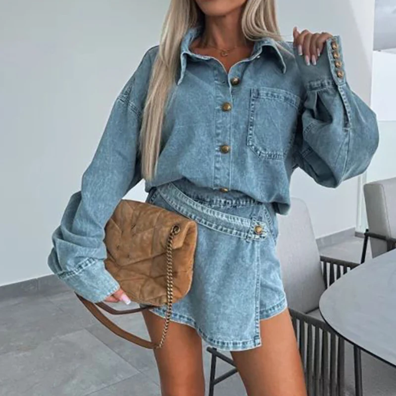 Office Fashion Button Denim Outfit Sexy Irregular Slim Mini Shorts Two Piece Sets New Spring Lapel Long Sleeve Shirt Women Suits