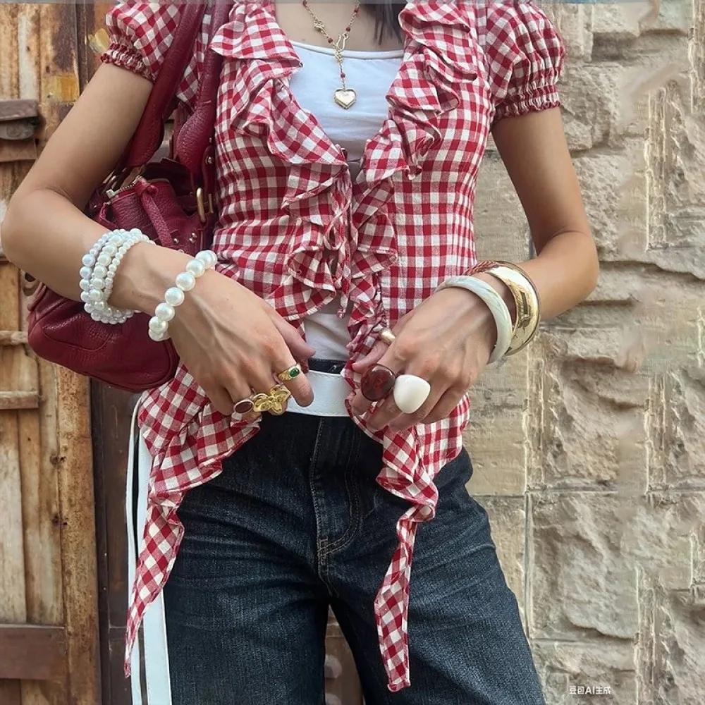 SylCue Red Plaid T-Shirt Women V-Neck Puff sleeves LaceUp Navel Exposed Skinny Ribbons Ruffles Design Y2K Sweet Style Streetwear view 5