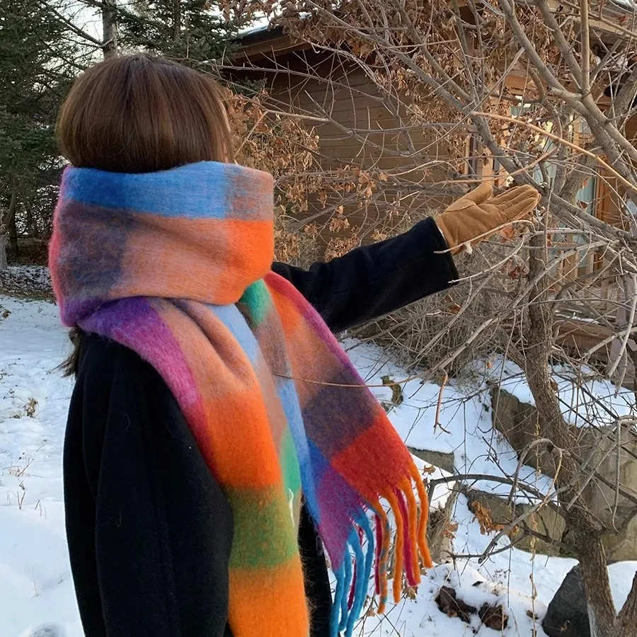 قوس قزح اللون مطابقة منقوشة وشاح تطول وسميكة فتاة الدافئة وشاح للرقبة الشتاء متعدد الألوان الموهير شال الزخرفية