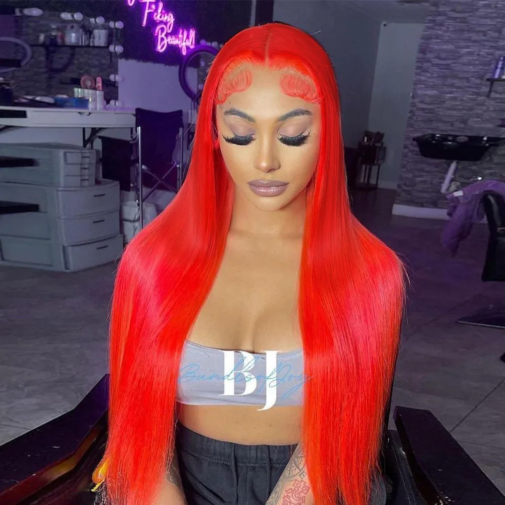 أحمر برتقالي 13x6 الدانتيل الشفاف الجبهة خصلات الشعر المستعار الإنسان للنساء البرازيلي مستقيم الساخن الأحمر 13x4 الدانتيل الباروكات الأمامية قبل نتف