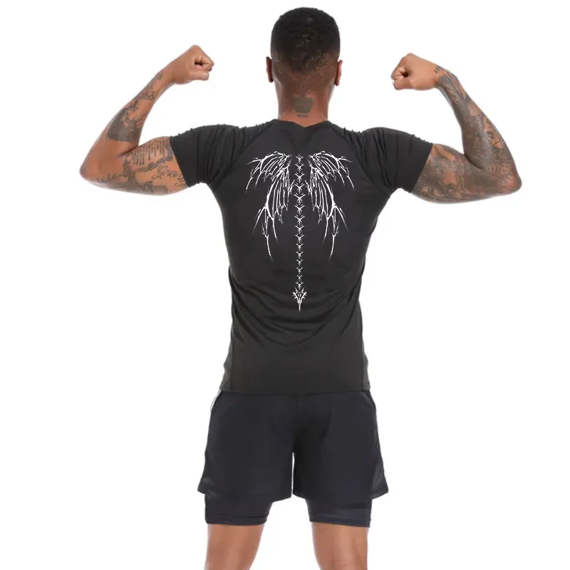 Men's Gym Clothes Skeleton Wings Workout Compression Shirts  Short Sleeve Rash Guard Athletic Undershirt Gear T Shirt for Sports