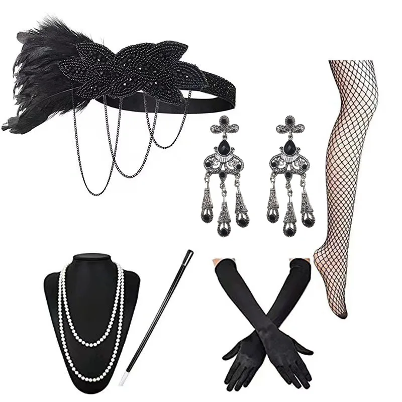 Gatsby 1920s Women Singles Party Retro Feather Hairband Set Headwear Necklace Gloves Flapper Costume Accessories