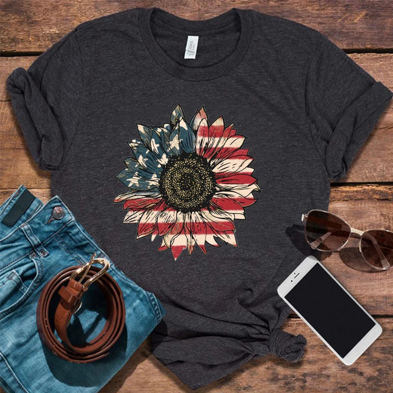 America Sunflower Shirt USA Flag T Shirt Gift for American 4th of July Flag Graphic T-Shirt Freedom Top Independence Shirt