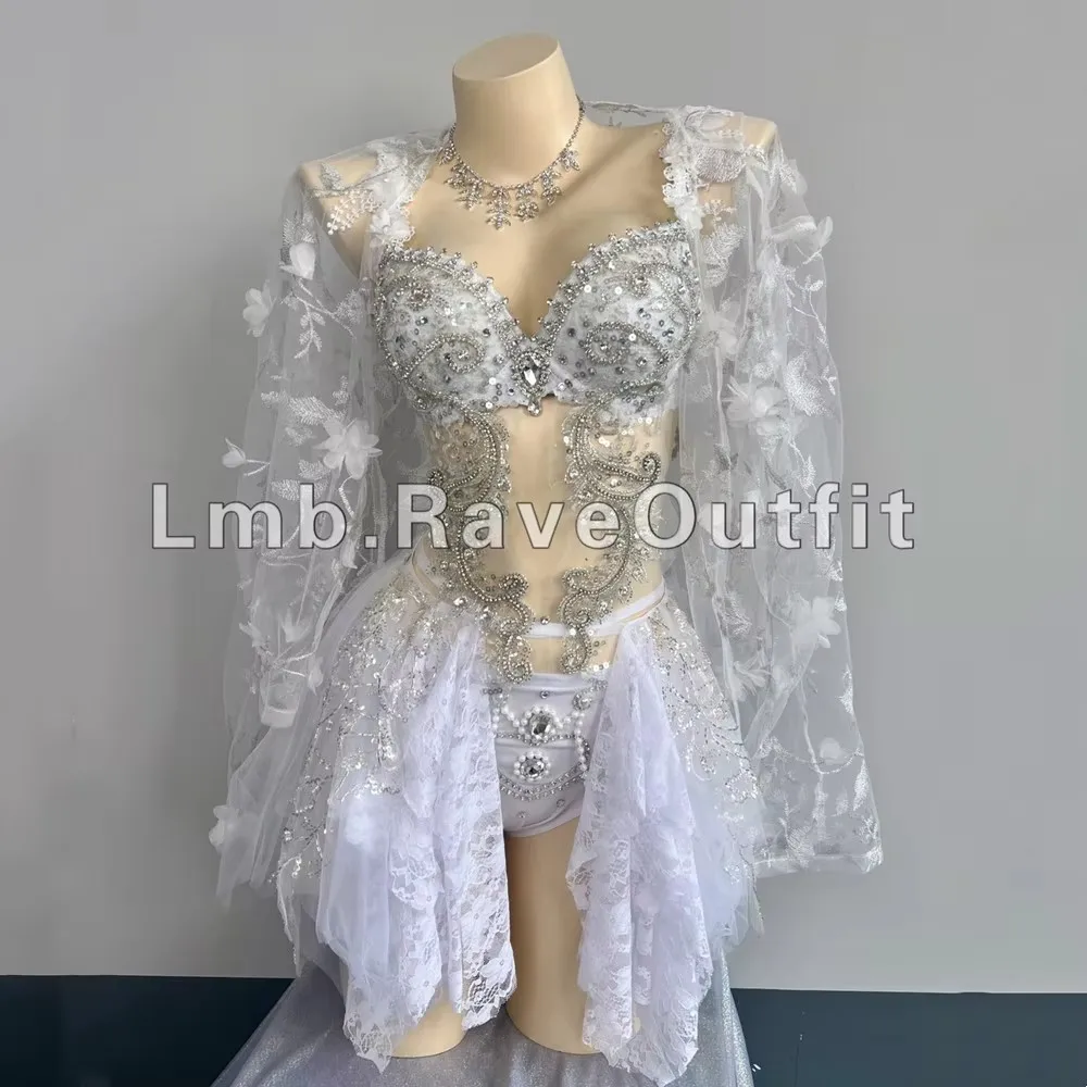 Women Sexy Luxury Diamond Glitter Bikini Electric Syllable Skirt Rave Outfit Nightclub Dancer Stage Wear Birthday Party Clothing