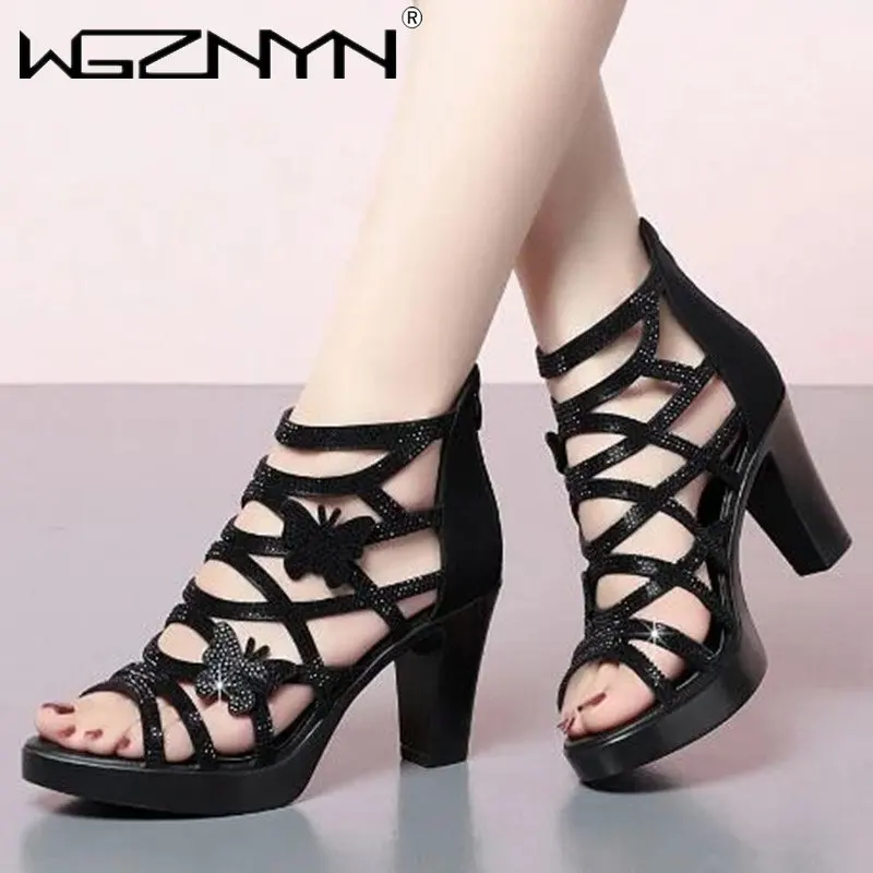 Woman Sandals Women Cyrstal Comfortable Pumps Ladies Fashion High Heels Female Rome Bling Hollow Out Shoes Women\'s Zip Footwear