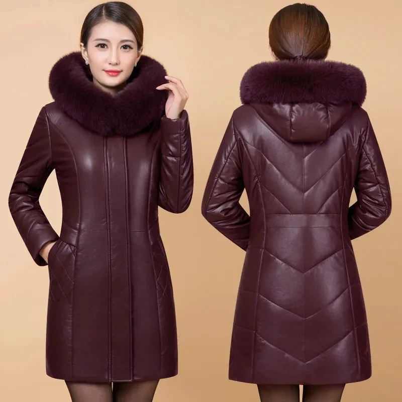 Mid-length PU Leather Coat Womens Thick Warm Down Cotton Parkas Coat Winter Jacket Casual Hooded Slim Cotton-Padded Coat Outwear