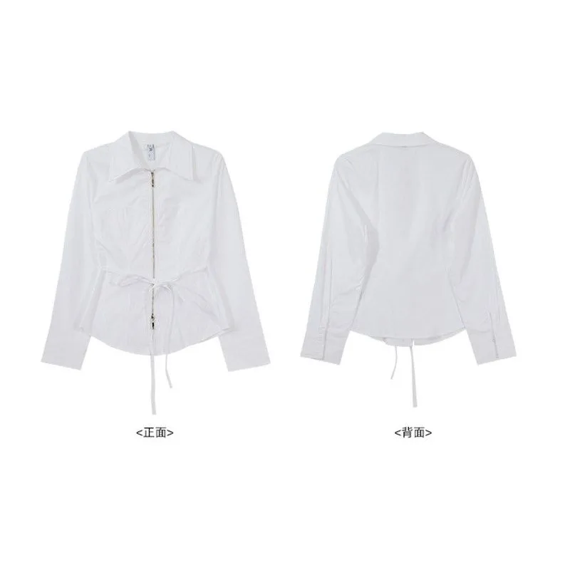 Camisa branca estilo coreano para mulheres com renda, elegante e jovem, zíper, blusa de túnica, cor sólida, roupas de manga longa, outono