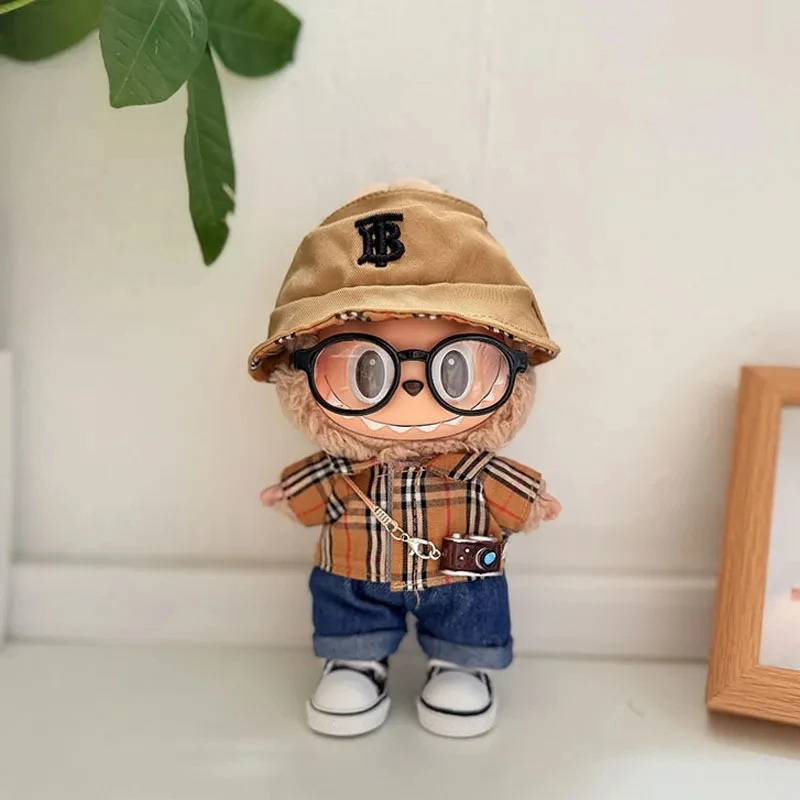 15 17cm For Labubu Doll Classic Dress Skirt Outfit Clothes Luxury Fisherman Hat Plaid Shirt Bag Shoes Set Clothing Accessories