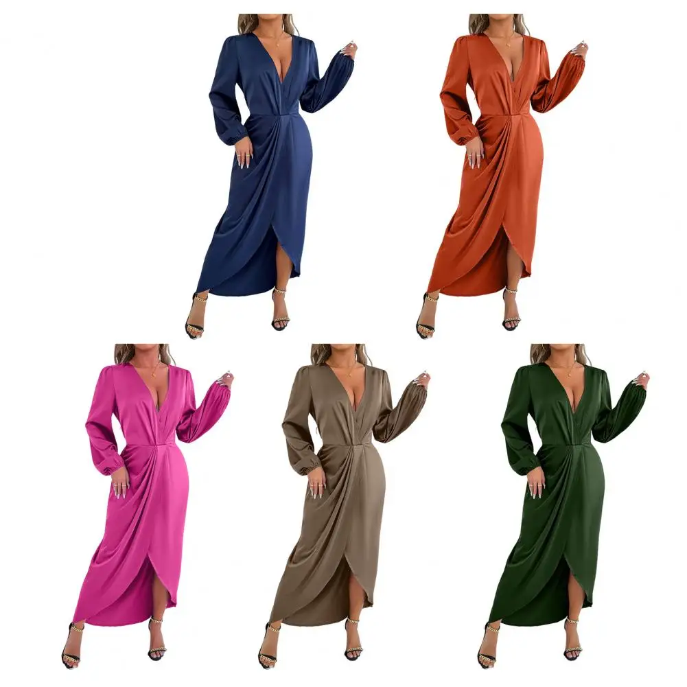 Vestido maxi de festa de noite de cetim feminino drapeado seda com decote em v manga longa senhora do escritório vestidos midi sexy chique robes longue