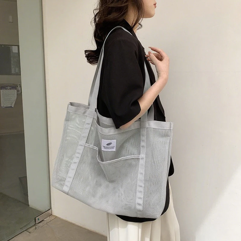 New Transparent Mesh Shopping Bag Simple Large-Capacity Beach Handbag Shoulder Tote Bag Wash Fitness Swimming Bag