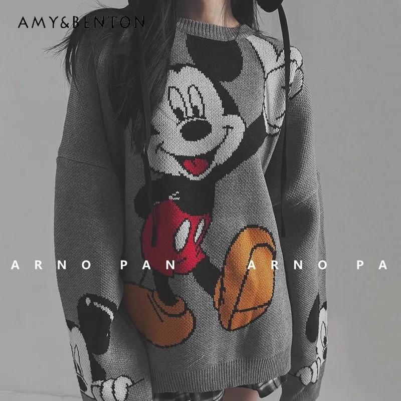 

New Loose Age-Reducing Long-sleeves O-neck Knitwear Coat Korean Style Sweet Cute Cartoon Anime Oversized Knitted Sweater Jacket