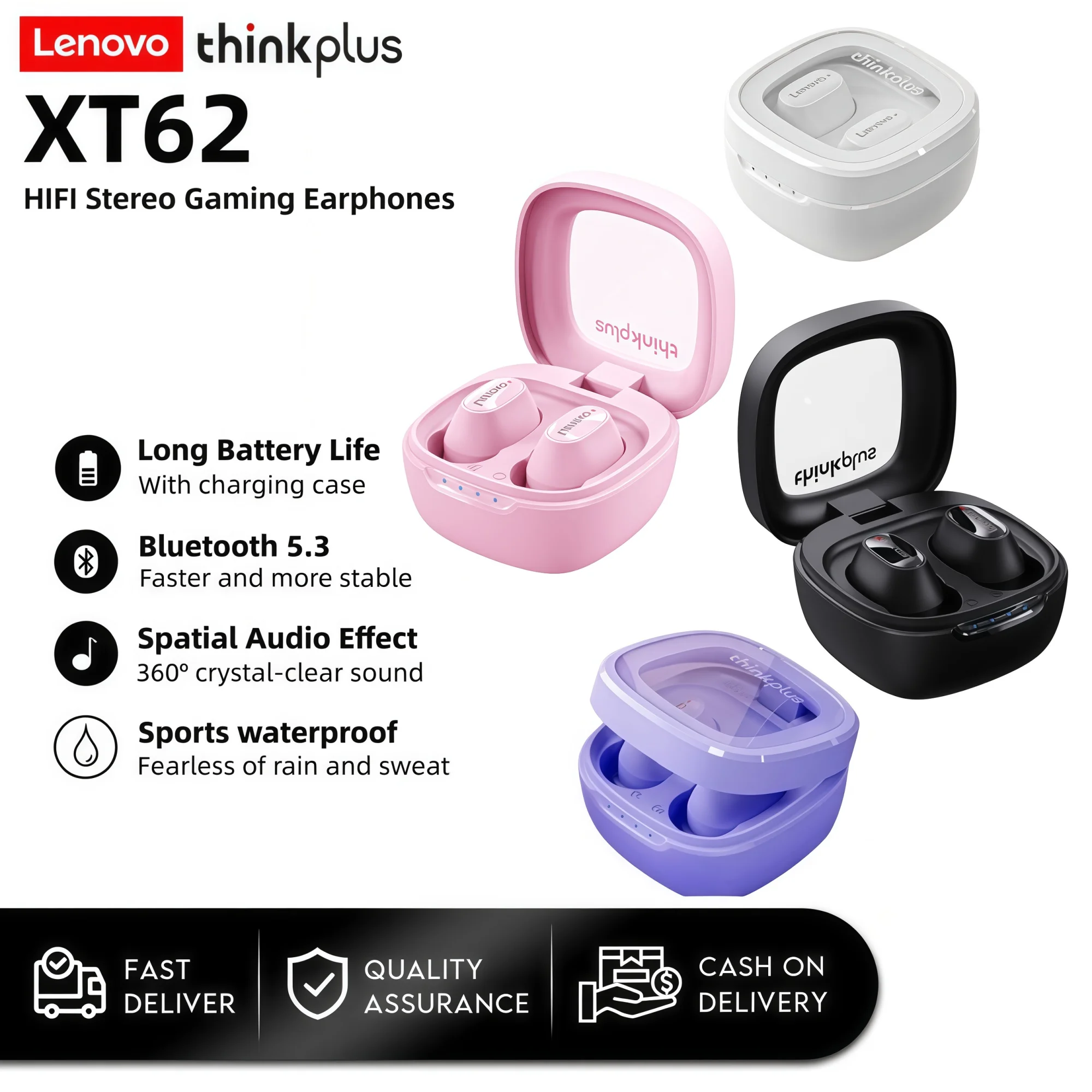 Lenovo XT62 Earphones Bluetooth 5.3 Mini Earbuds Wireless HiFi Sport Noise Reduction Headsets with Mic Touch Control TWS Origina
