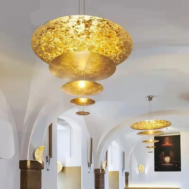 Art gold circular chandelier, hotel lobby, foyer, store, adjustable flashing chandelier line, luxurious and innovative