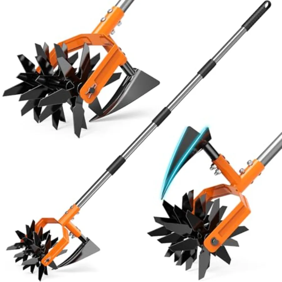 

Hand Tiller Garden Cultivator Garden Tiller with Upgrated Triangle Hoe and Adjustable Long Handle 2-in-1 Weeder and Soil Aerato