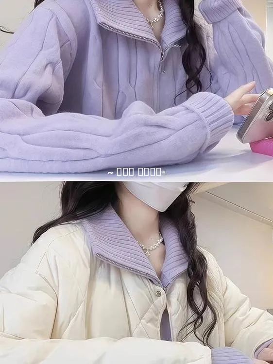 سترة معطف نسائي بياقة عالية وسحاب من Thiened موضة شتاء جديدة لعام 2025 أرجواني قلقاس ملتوية محبوكة طويلة Sve #1