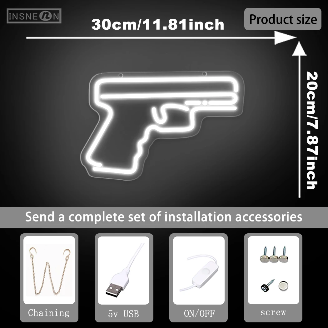 Pistol LED Neon Sign USB Powered Versatile Wall Decor for Game Room Shop Bar Bedroom Internet Cafe Artistic Monochrome Lighting