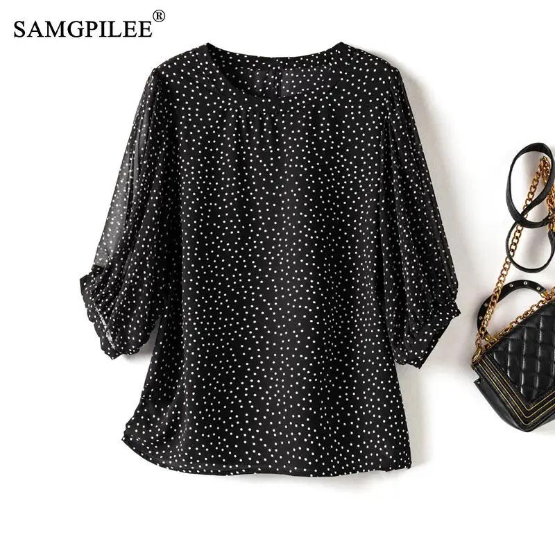 

2023 Summer Sweet Y2k Tops Women Half Sleeve Polka Dot Pattern Romantic Fashion Chiffon Thin Versatile Oversized T-shirts Woman