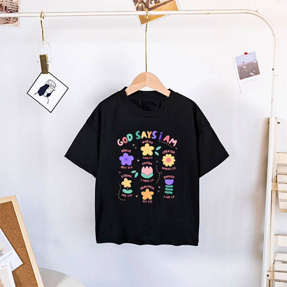 God Says I Am Brave Worthy Created Chosed Strong Enough Beautiful Print Girls Shirt Kids Summer T-shirt Child Short Sleeve Tops