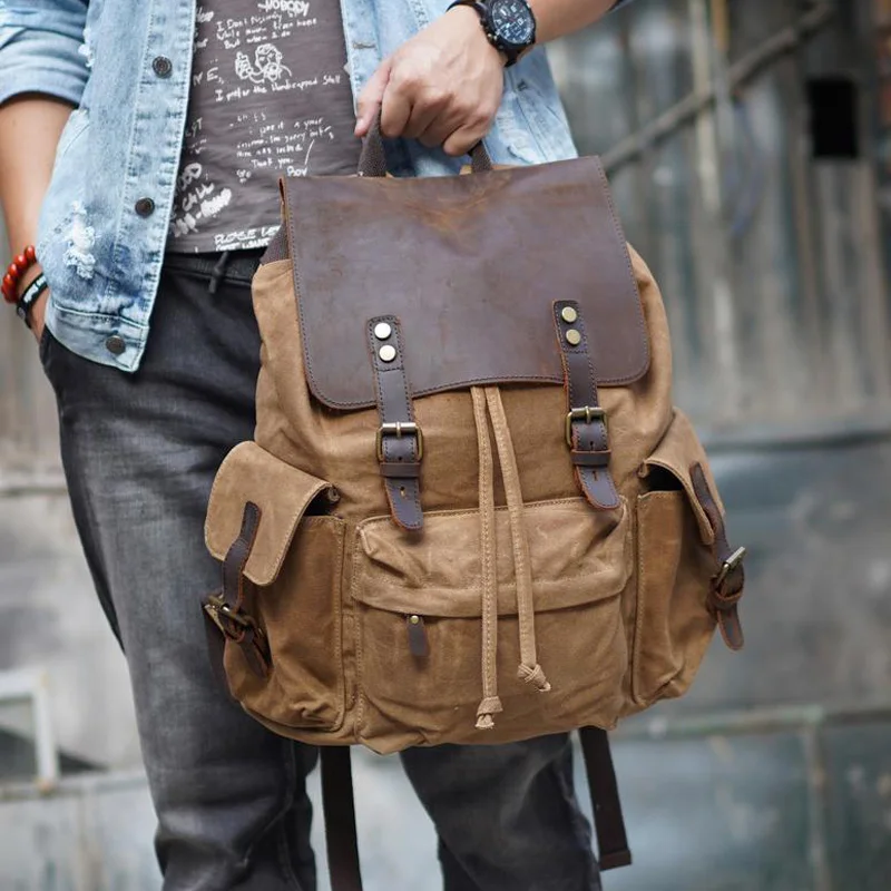 

Waterproof Waxed Canvas Backpack Vintage European Style Large Capacity Outdoor Travel Bag With Leather Trim