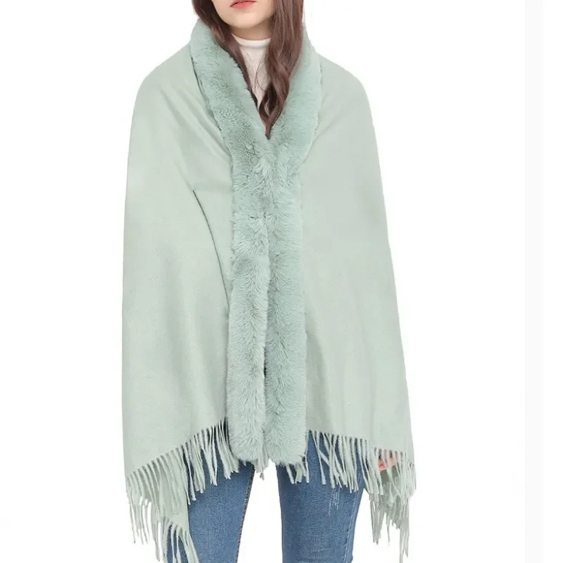 

Winter Imitation Wool Collar Cloak Scarf Dual-purpose Female Imitation Cashmere Shawl Ponchos Lady Capes Cloak Green Cardigan