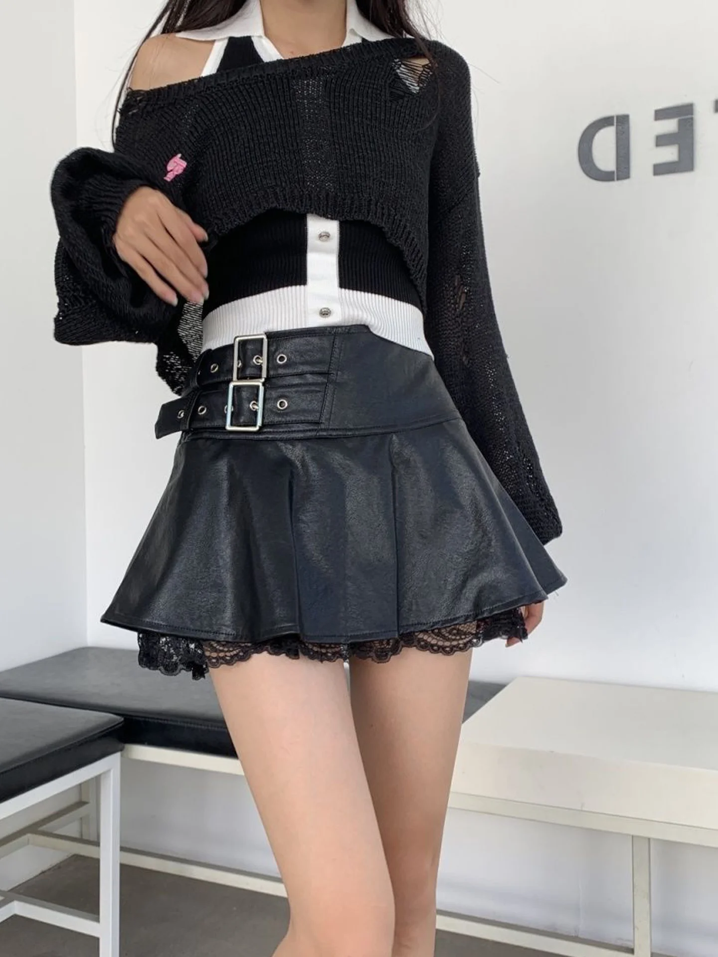 

Spring New Sle Korean Version Lace Trim Leather Skirt Women Anti-Light f Skirt Slim High Waist Puffy orts Skirt