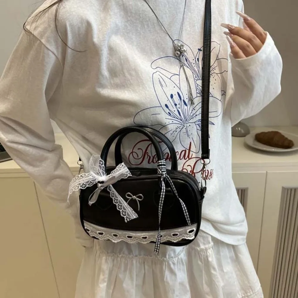 

Pea Bag PU Leather Boston Handbag Bow Waterproof Crossbody Bowling Bag Lace Ribbon Texture Small Square Bag Travel