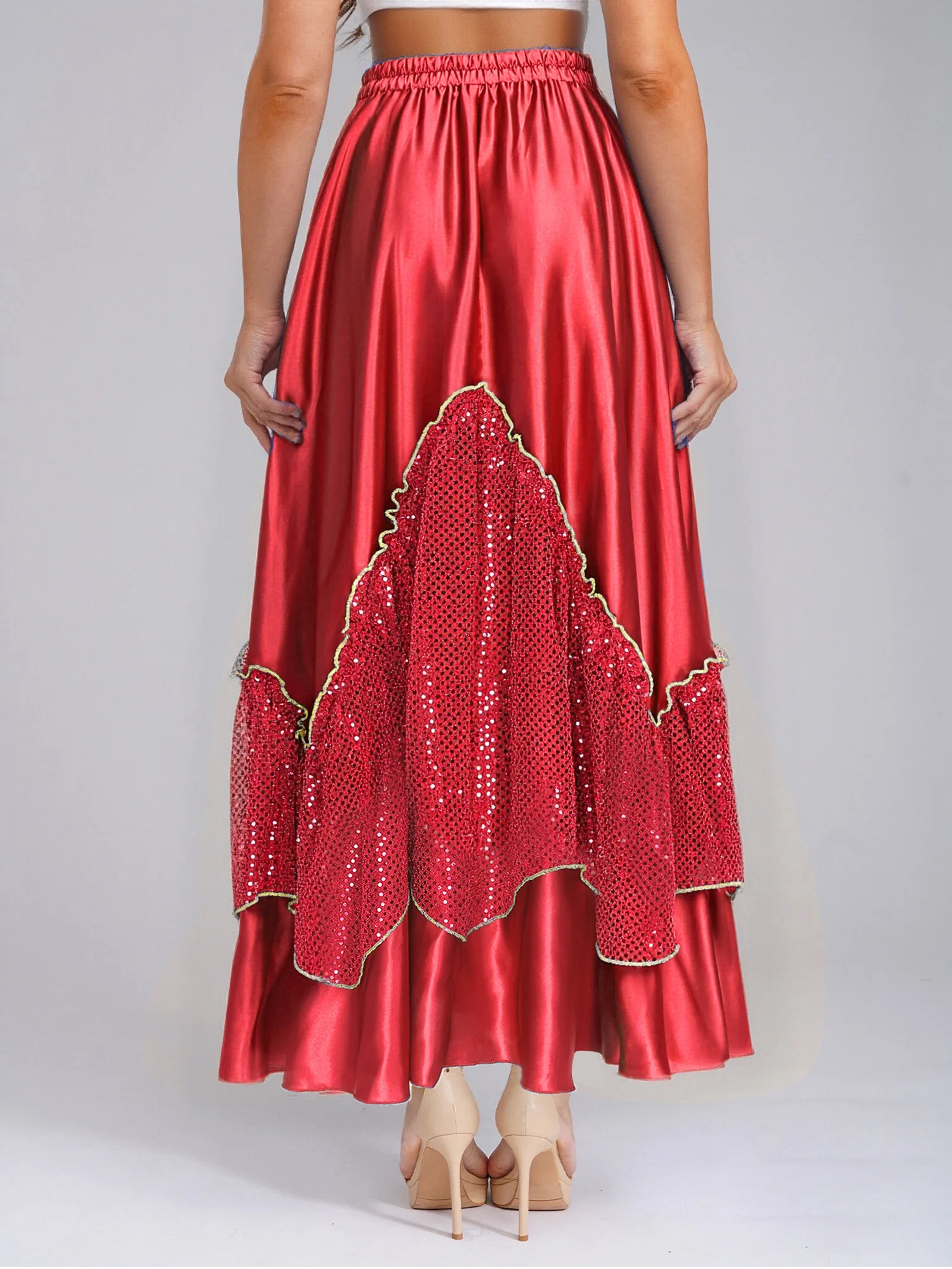 Gypsy Woman Spanish Flamenco Skirt Satin Silk Big Swing Carnival Party Ballroom Bullfight Belly Dance Stage Performance Costume