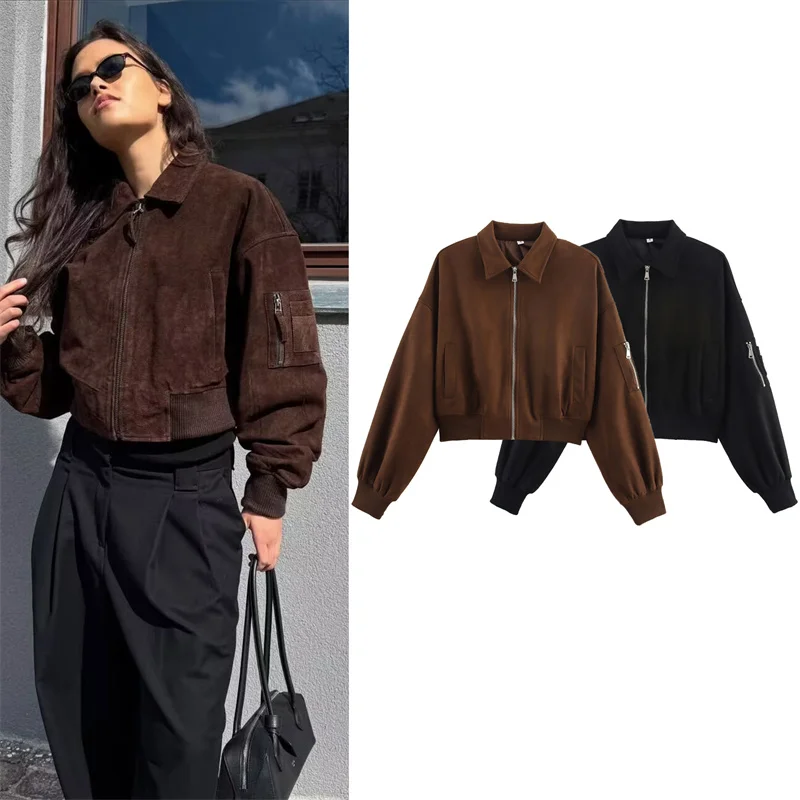

Women's Jacket Autumn New Style Solid Color Long Sleeve Suede Texture Waist-fitting Pilot Jacket Casual Fashion Personality