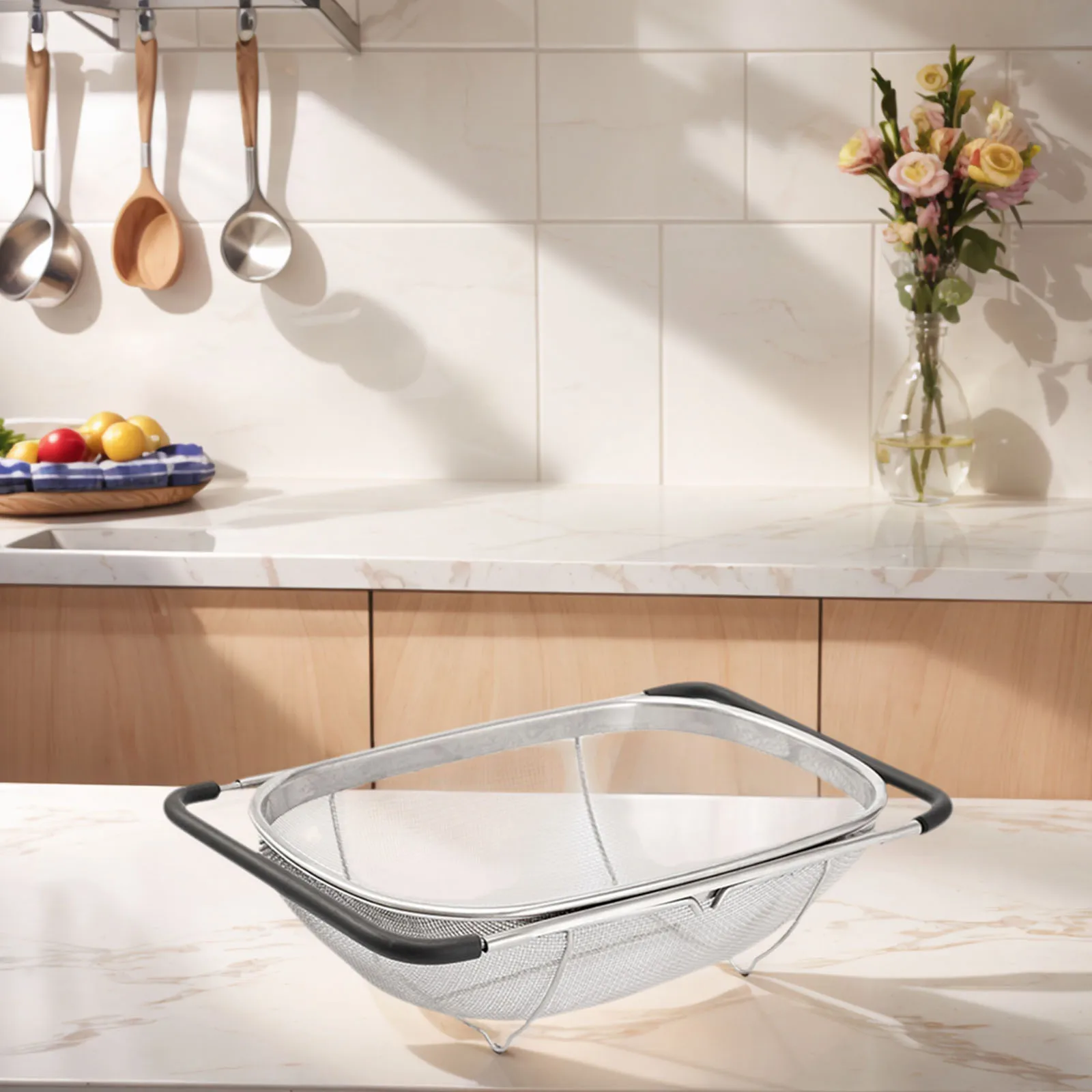 

Ситечко-дуршлаг из нержавеющей стали с выдвижными ручками, прямоугольное, с мелкой сеткой, износостойкое, для слива воды из посуды