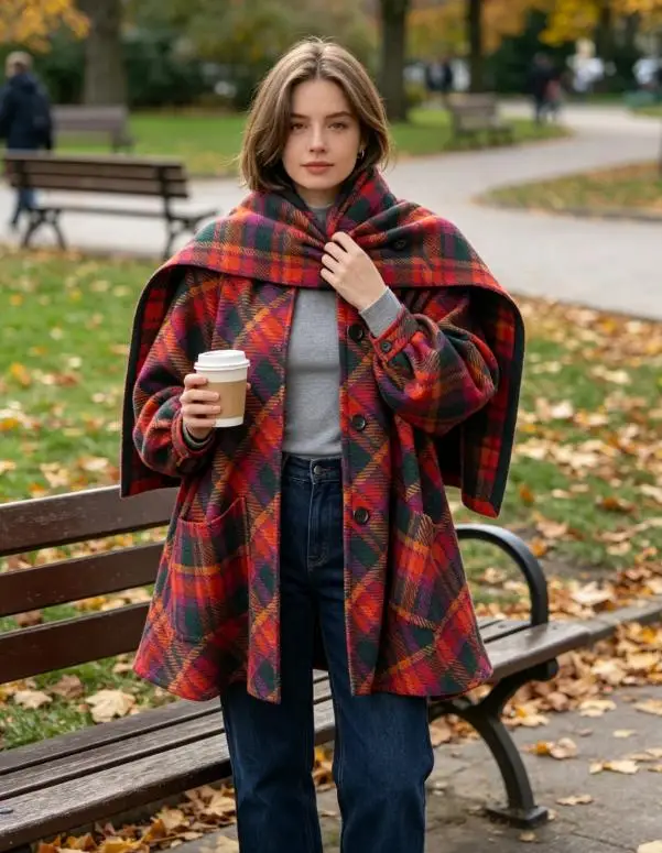 Women's Colorful Plaid Synthetic Woolen Coat Oversized Loose Single‑breasted Mid‑length Jacket Autumn Winter Daily Street Outfit