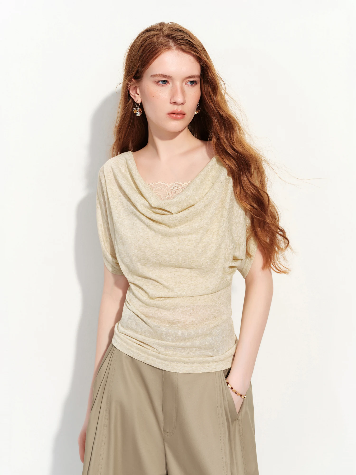 FSLE Elegant Slim-fitting Linen Short-sleeved T-shirt Swing Collar New Summer Style for Women 2026 Lace Patchwork Design