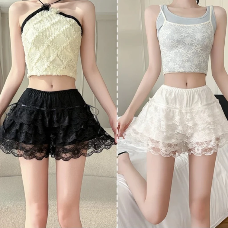 Women’s Layered Ruffle Shorts Casual Elastic Waist Solid Color Lace Bloomers Kawaii Lolita Short Pants Short Pants Women