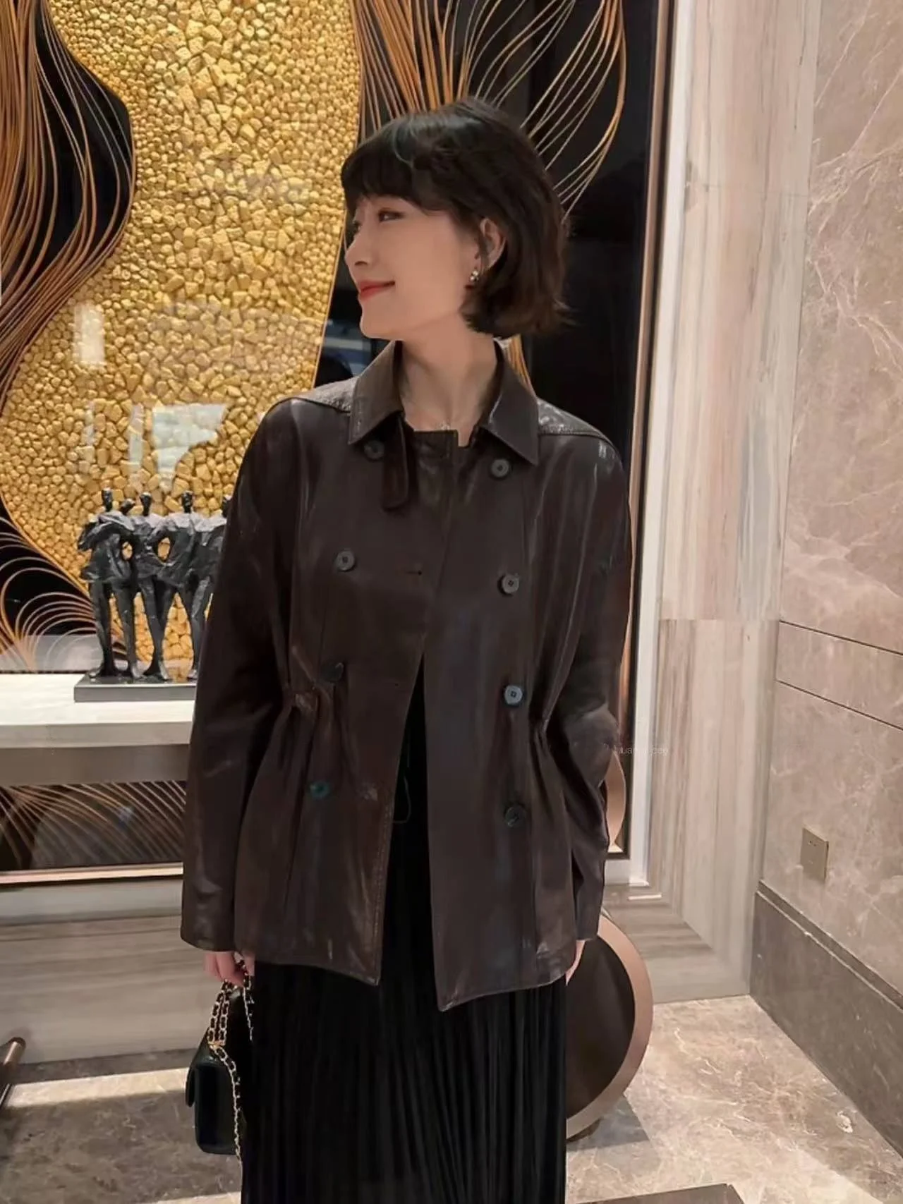 

Ning 2026 New Sle Women's ort Genuine Leather Jaet Coat Small Size eepskin Fce Zipper round Ne Long Sve