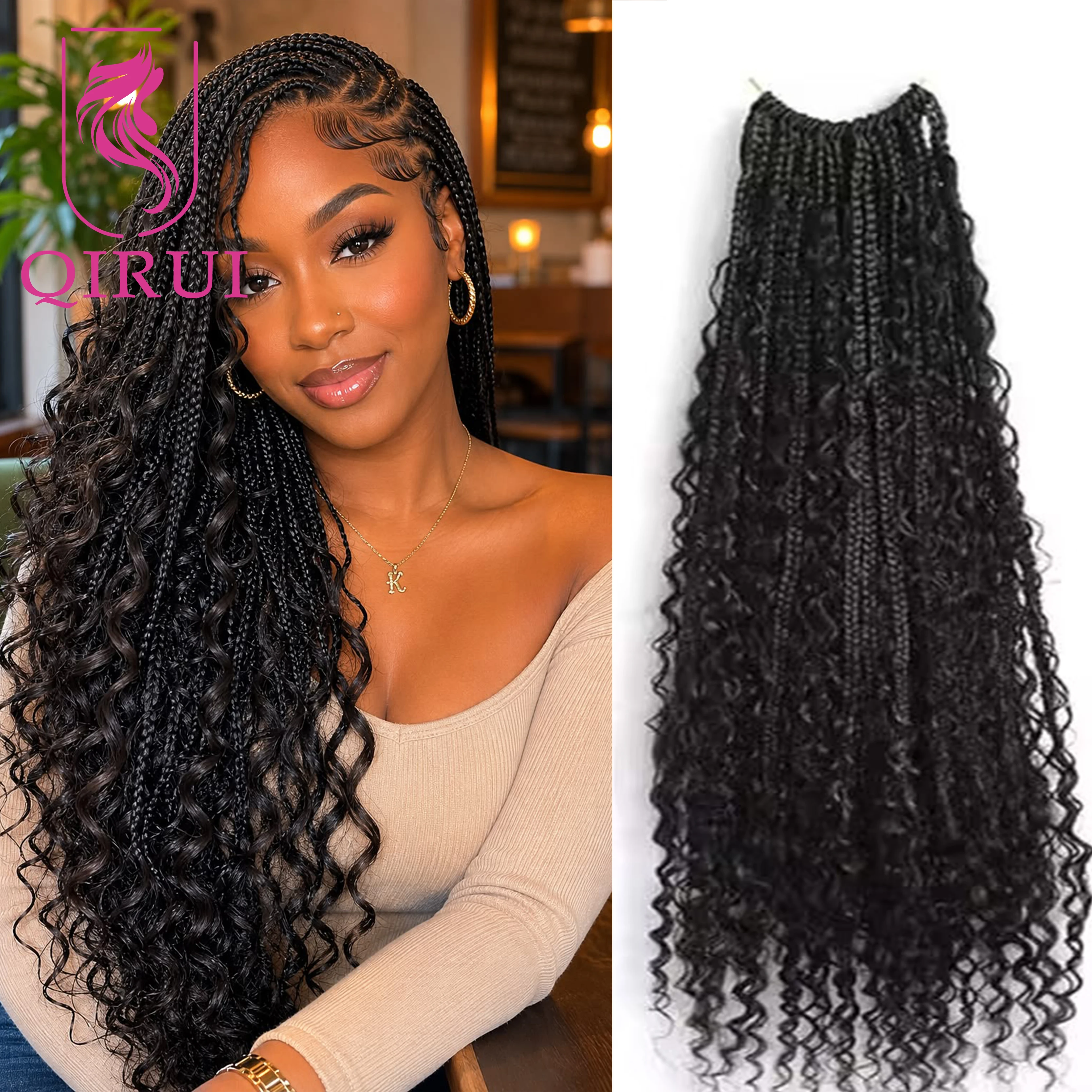 Crochet Boho Box Braids With Human Hair Curls Synthetic Hair For Braiding Pre-looped Box Braids With Curly Ends Natural  Black