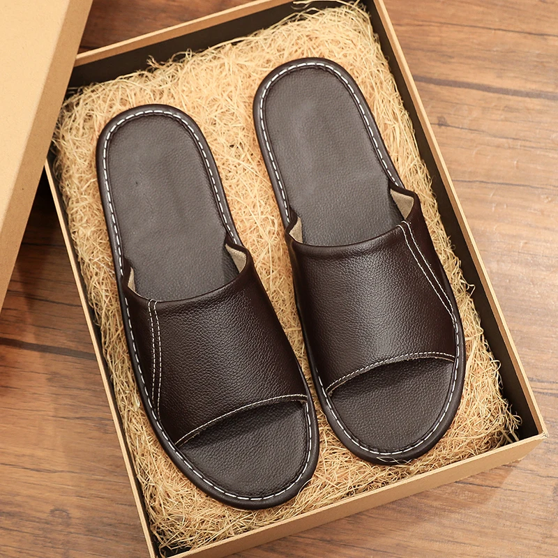 Summer Genuine Leather Home Anti-Slip Slip-On Shoes Men's Indoor Home Soft Bottom Cowhide Surface Japanese Style Four Seasons
