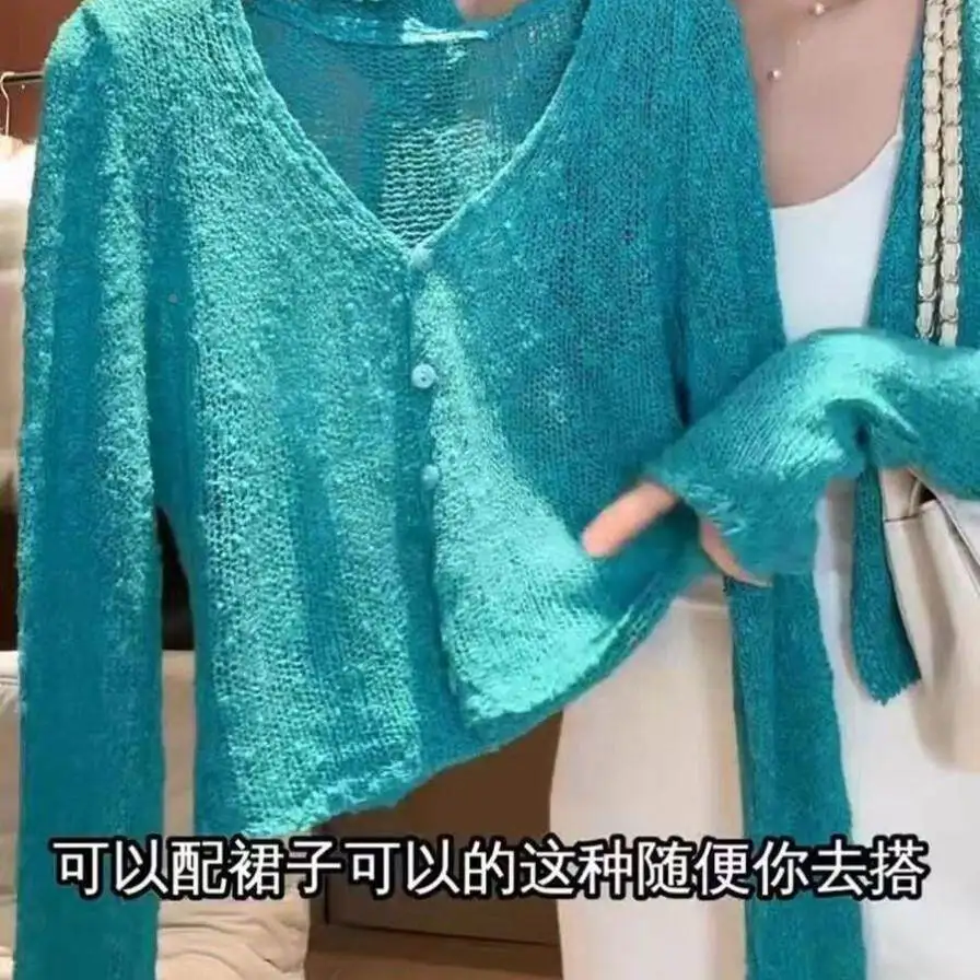 2026 Spring Fall Women V Neck Blue Knitted Top Shirt , Woman Fashion Slim Short Knitting Cardigan Tops Shirts