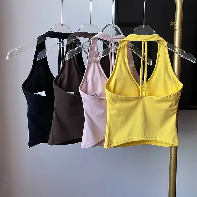Women's Sexy V-Neck Fitness Bra Nude Sports Bra Hanging Neck Yoga Suit Vest Comfortable Breathable Gym Top for Active Wear