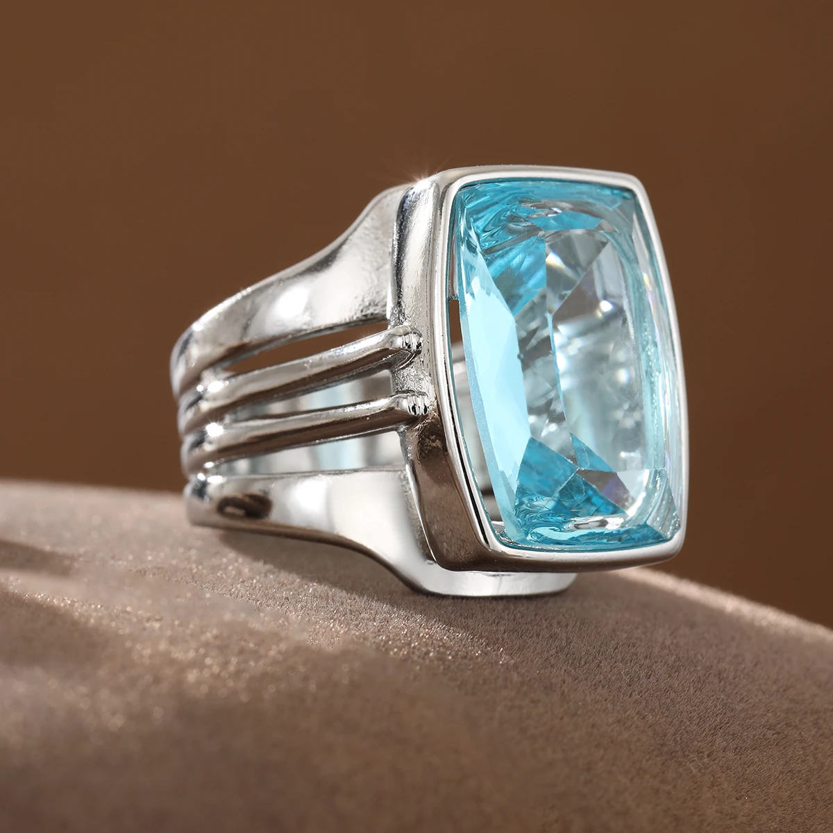 Minimalist Cushion Cut Light Blue Synthetic Gem Multi-Layer Band Copper Ring For Women, Casual Vacation Jewelry