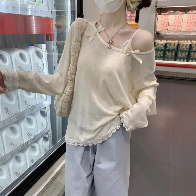 Angled Collar Bow Long-sleeved Sunscreen T-shirt for Women Spring New Korean Style Loose Blouse Lace Splicing Top