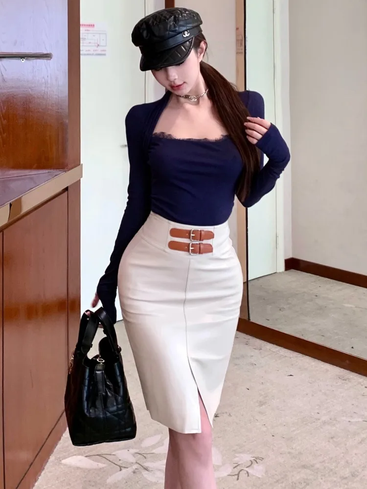 

Korean Style Autumn Winter New Miu Series Khaki Button Splice Design White Split Wrap around Skirt Half Length Women's Skirt