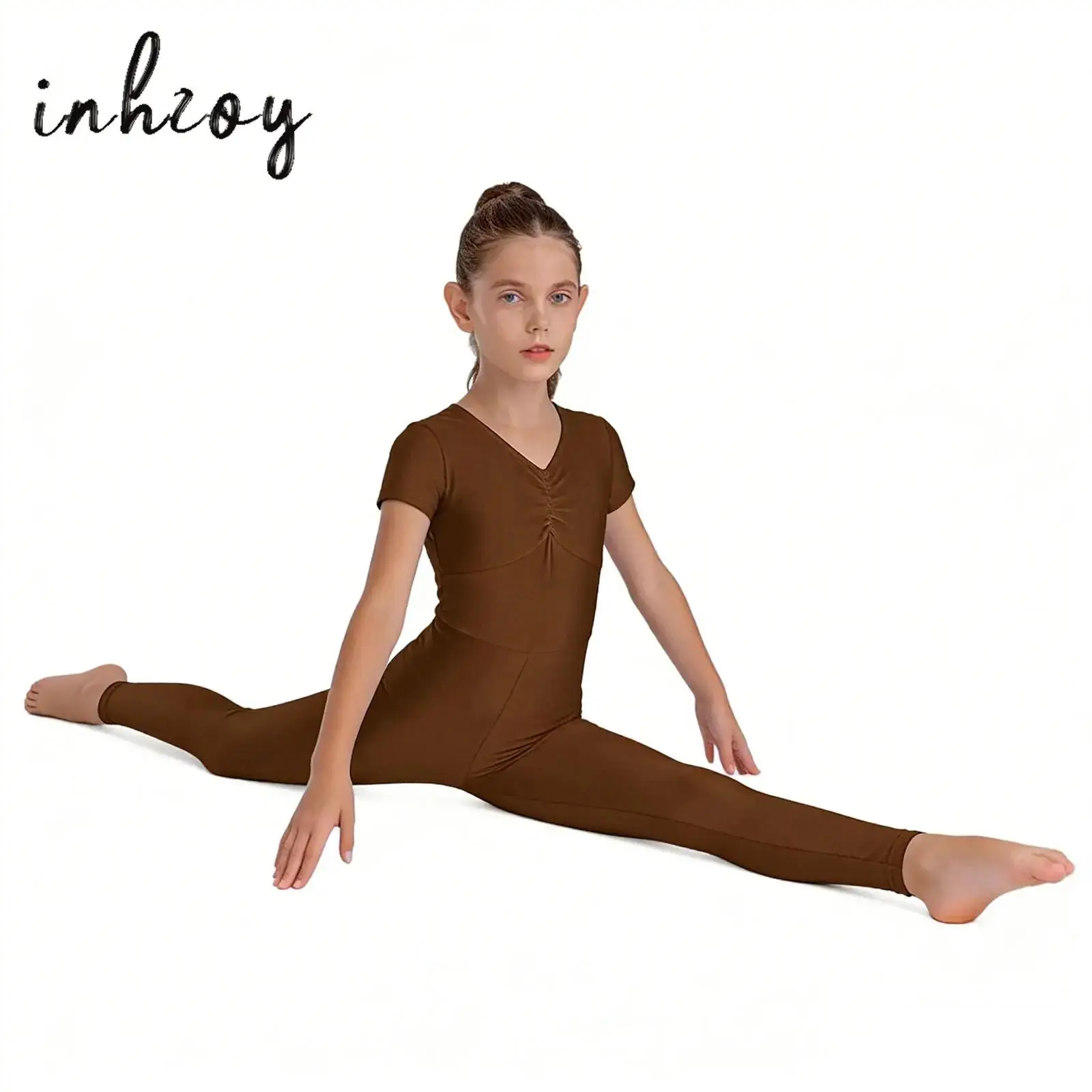 

Girls Short Sleeve Gymnastics Dance Jumpsuit Ruched Front Solid Invisible Zipper Ballet Dance Full Body Leotard Skating Bodysuit