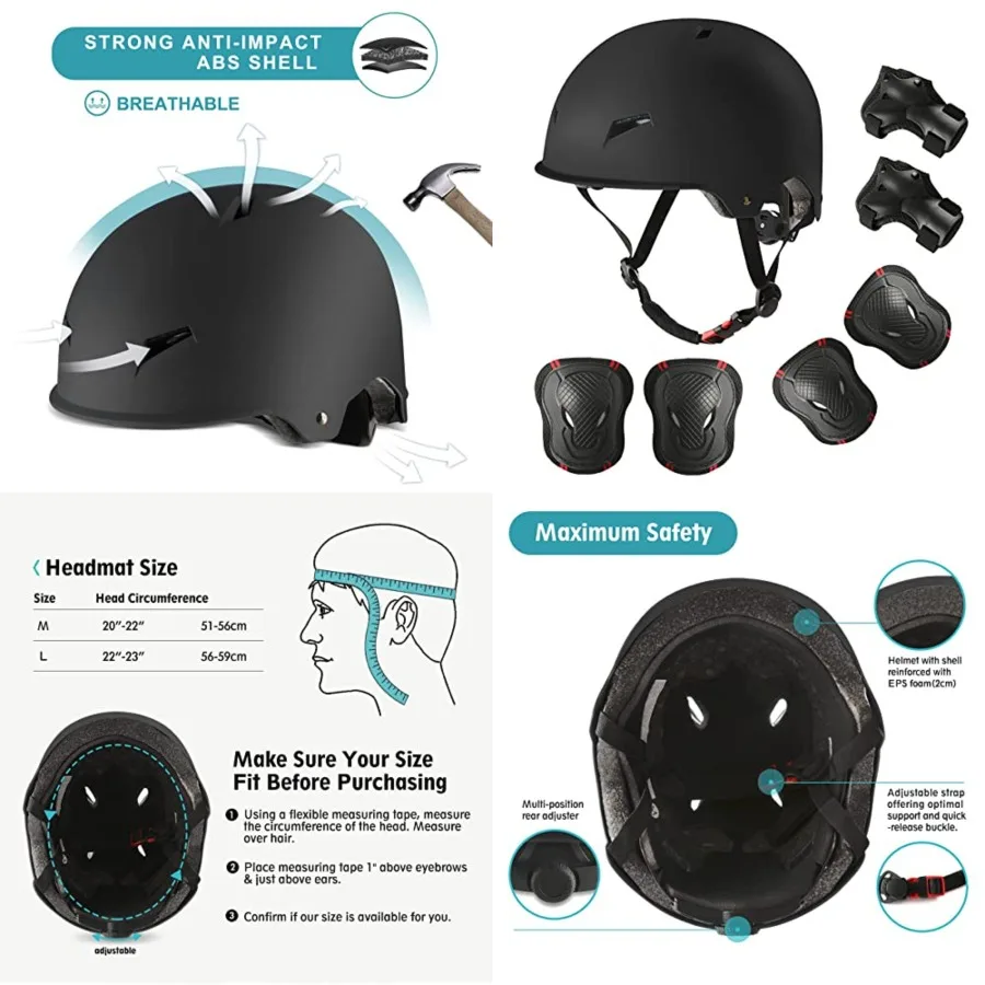 

Skateboard Bike Helmet for Adults Adjustable Knee Elbow Pads Wrist Guards Protective Gear Helmets Set Teens for Bicycle Cycling